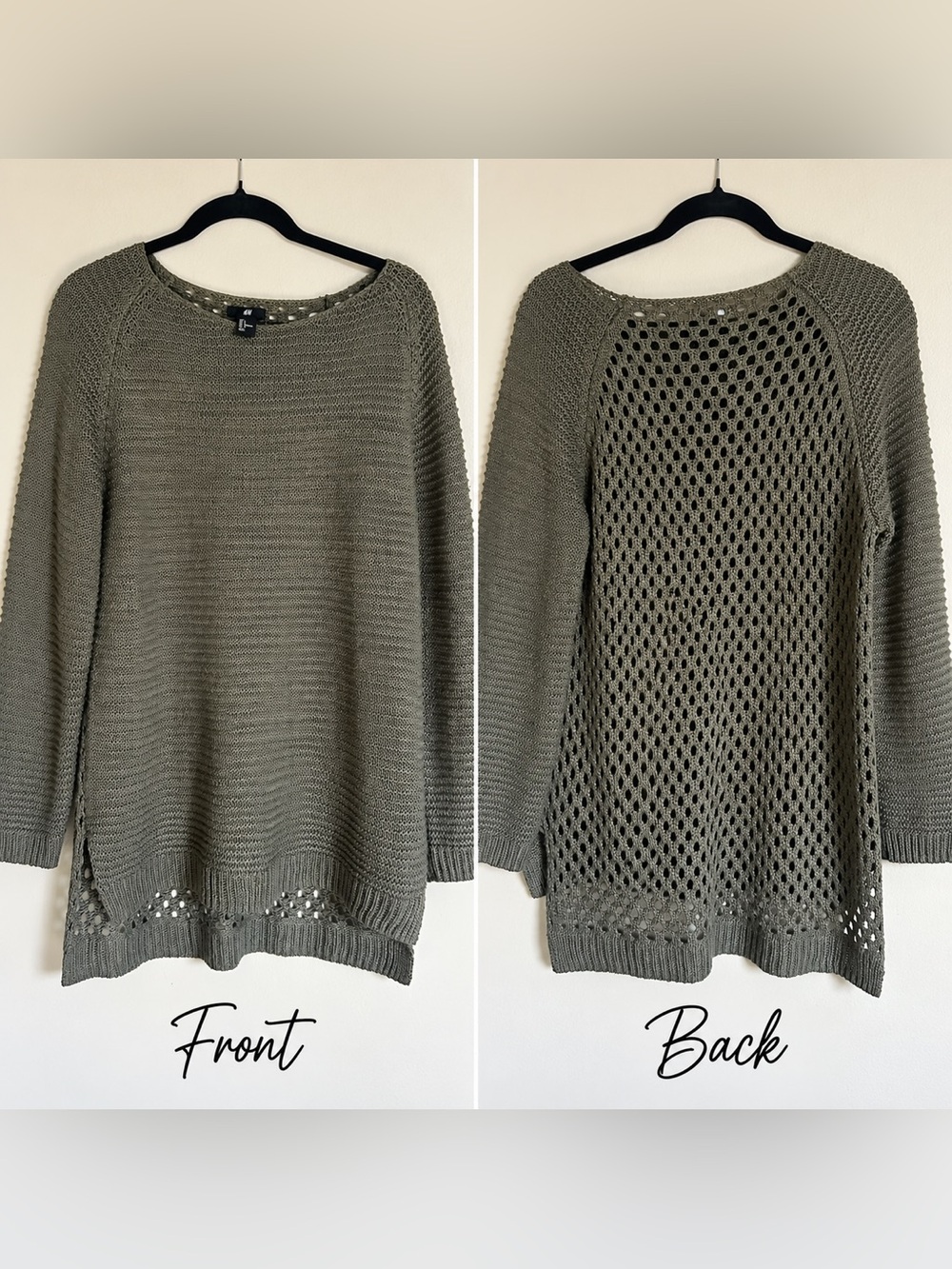 H&M Women’s Olive Green Open Knit Back Sweater – L